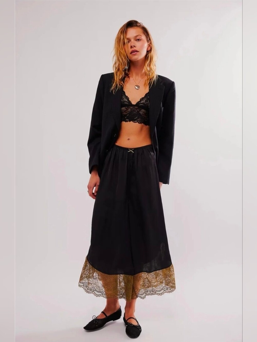 Black Wide-Leg Lace-Hem Pants with Gold Trim